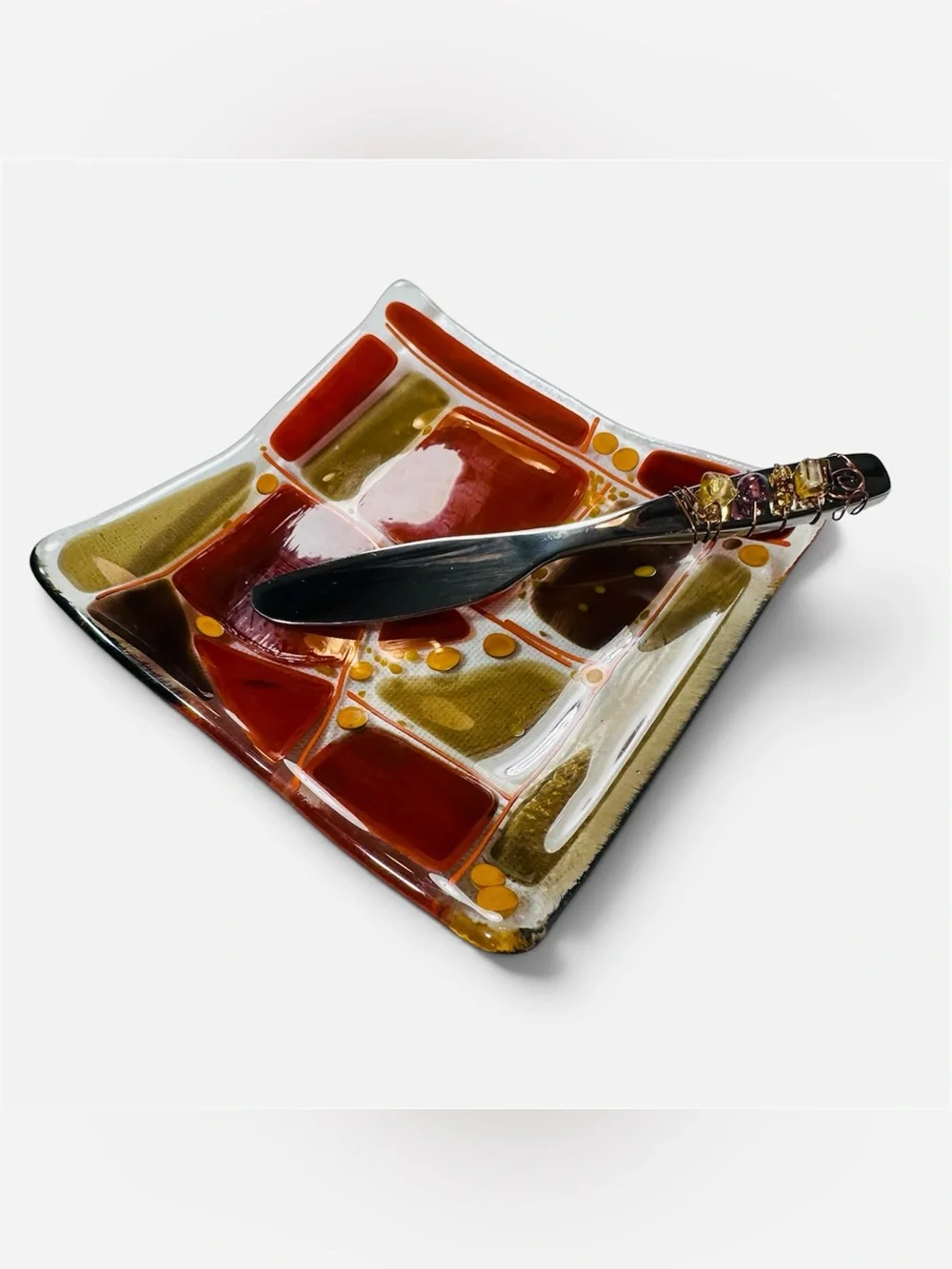 Beautiful Handmade Fused Glass Tray With Wire Wrapped Knife Spreader Fall Colors